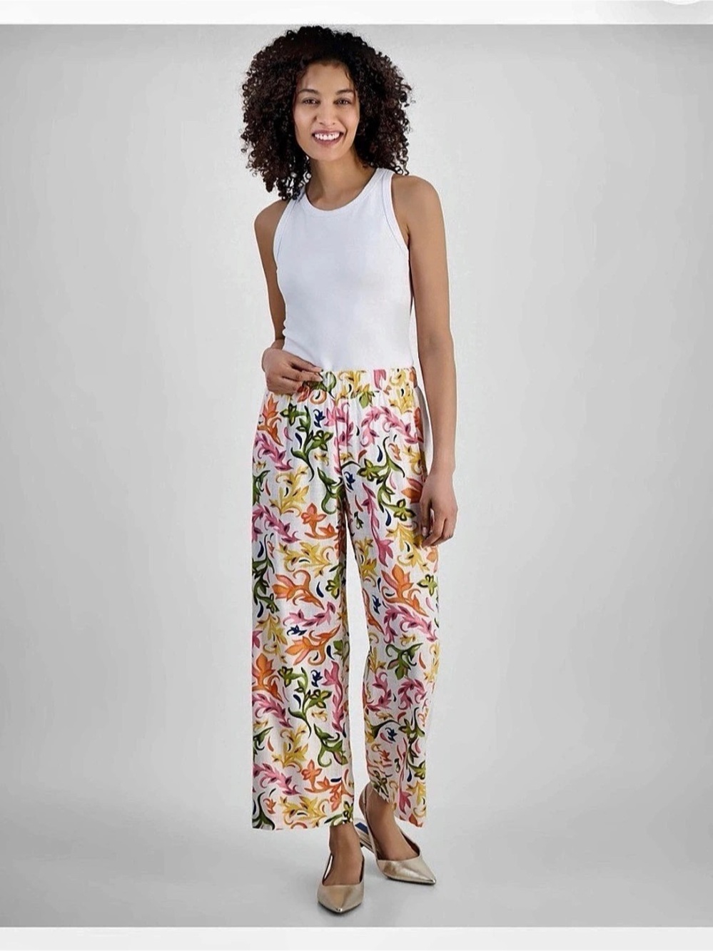 NWOT JM Collection Floral Wide Leg Pants in White & Pink XL